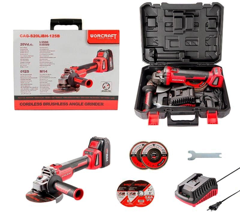 Акумуляторна безщіткова шліфмашина кутова WORCRAFT CAG-S20LIBH-125B