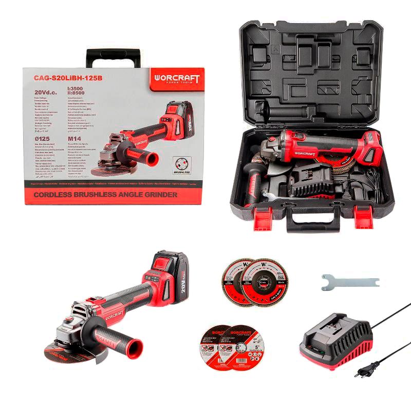 Акумуляторна безщіткова шліфмашина кутова WORCRAFT CAG-S20LIBH-125B